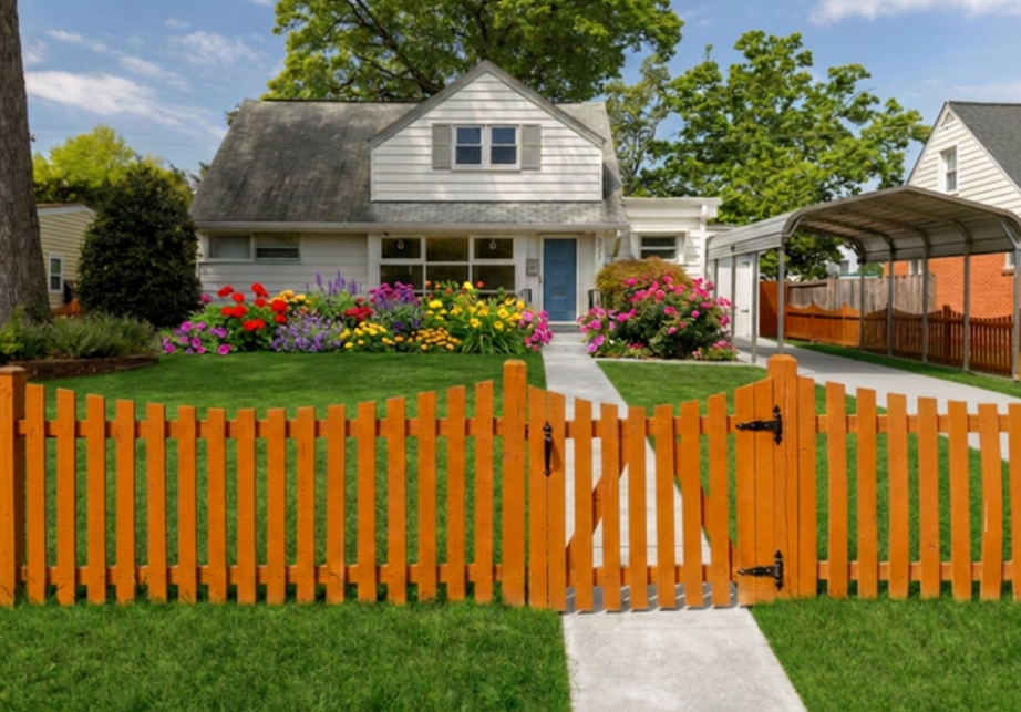 Front exterior of 6522 Cavalier Drive, a white Cape Cod home with an orange picket fence and vibrant flower beds in Alexandria, Virginia