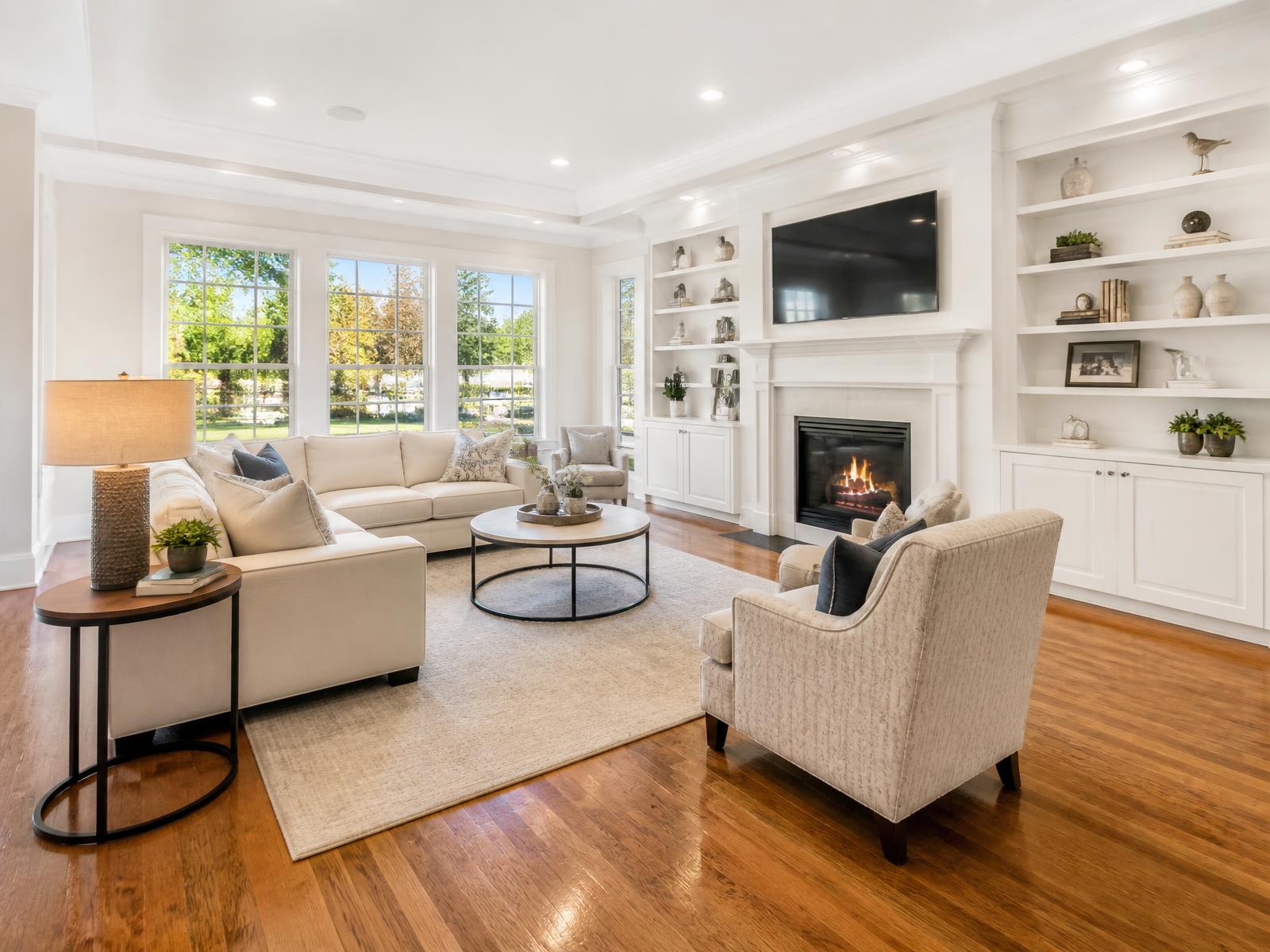 Living room with hardwood floors, recessed lighting, and custom built-ins